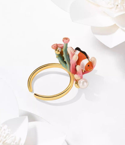 Coral and Clown Enamel Ring