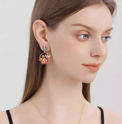 Coral and Clown Enamel Earrings