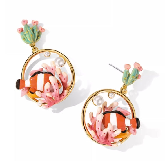 Coral and Clown Enamel Earrings