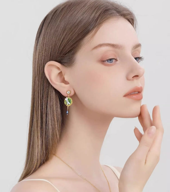 Water Lily Enamel Earrings- Asymmetric