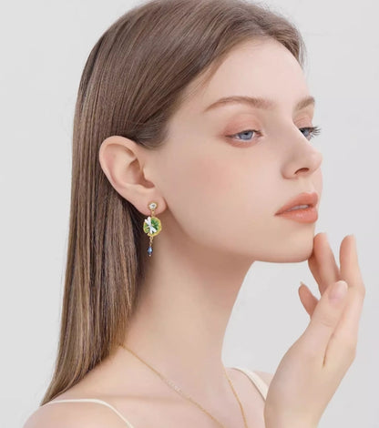 Water Lily Enamel Earrings- Asymmetric